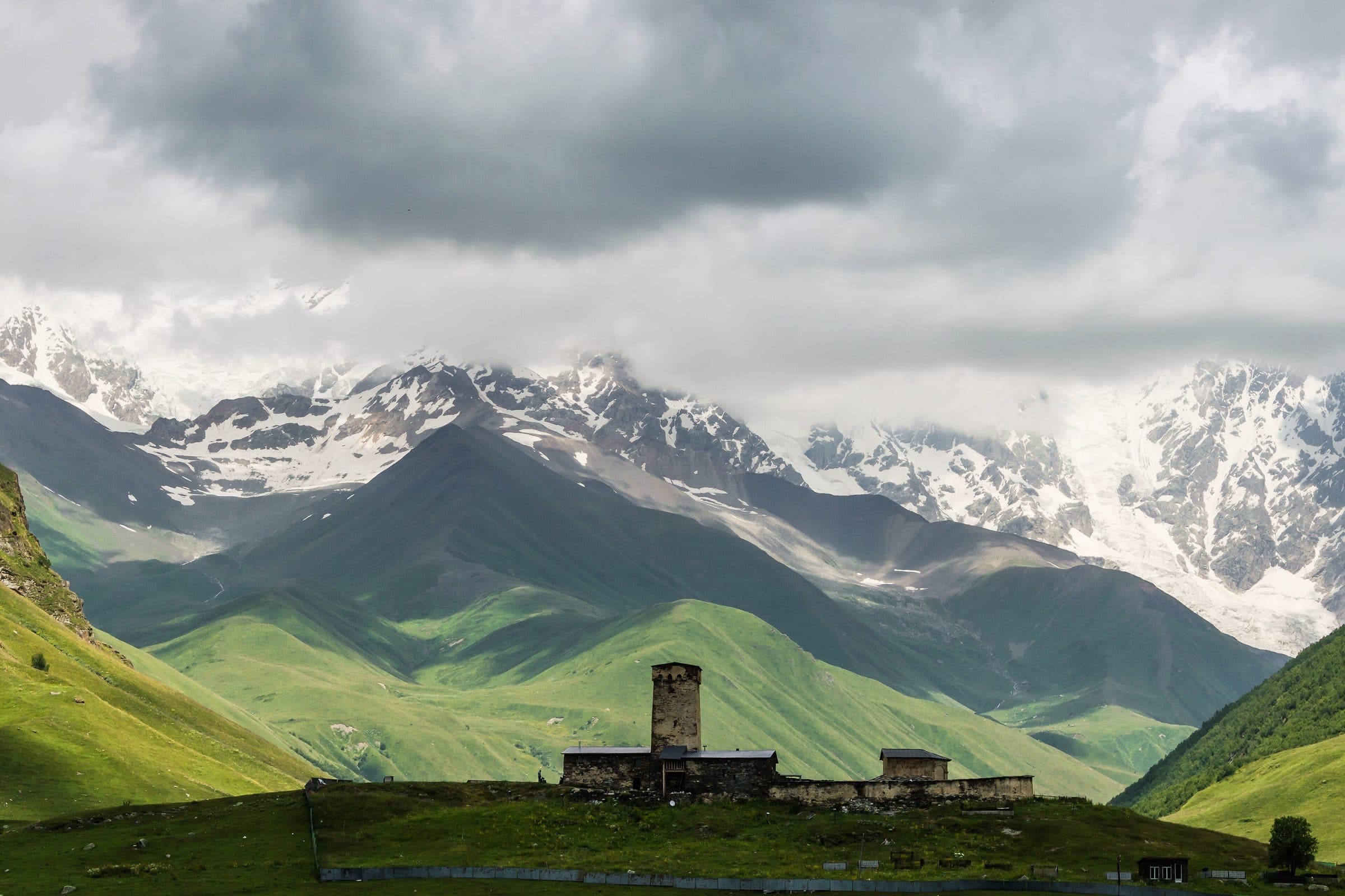A Svan tower in Ushguli below the Caucasus