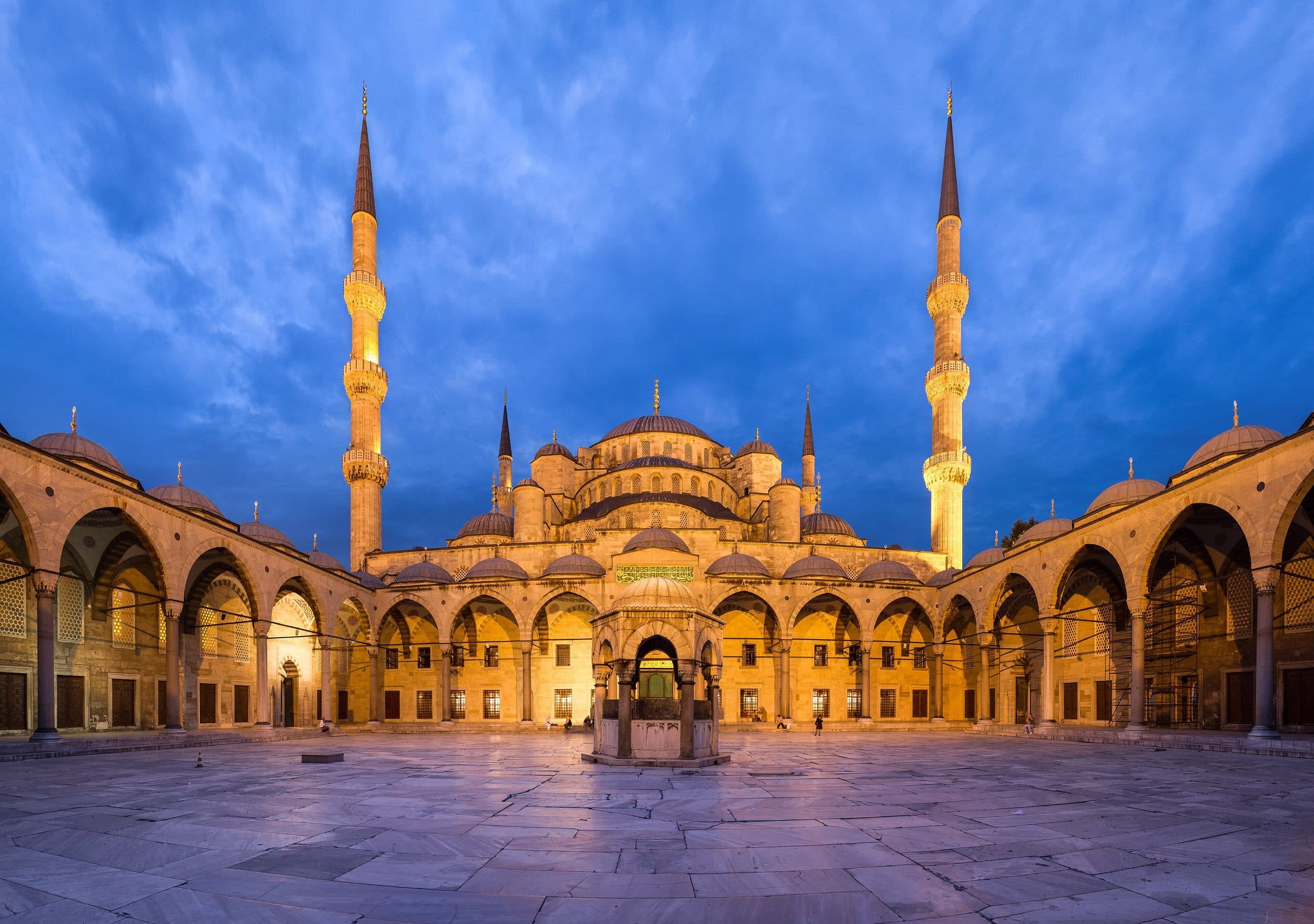 Courtyard of the Blue Mosque at dusk