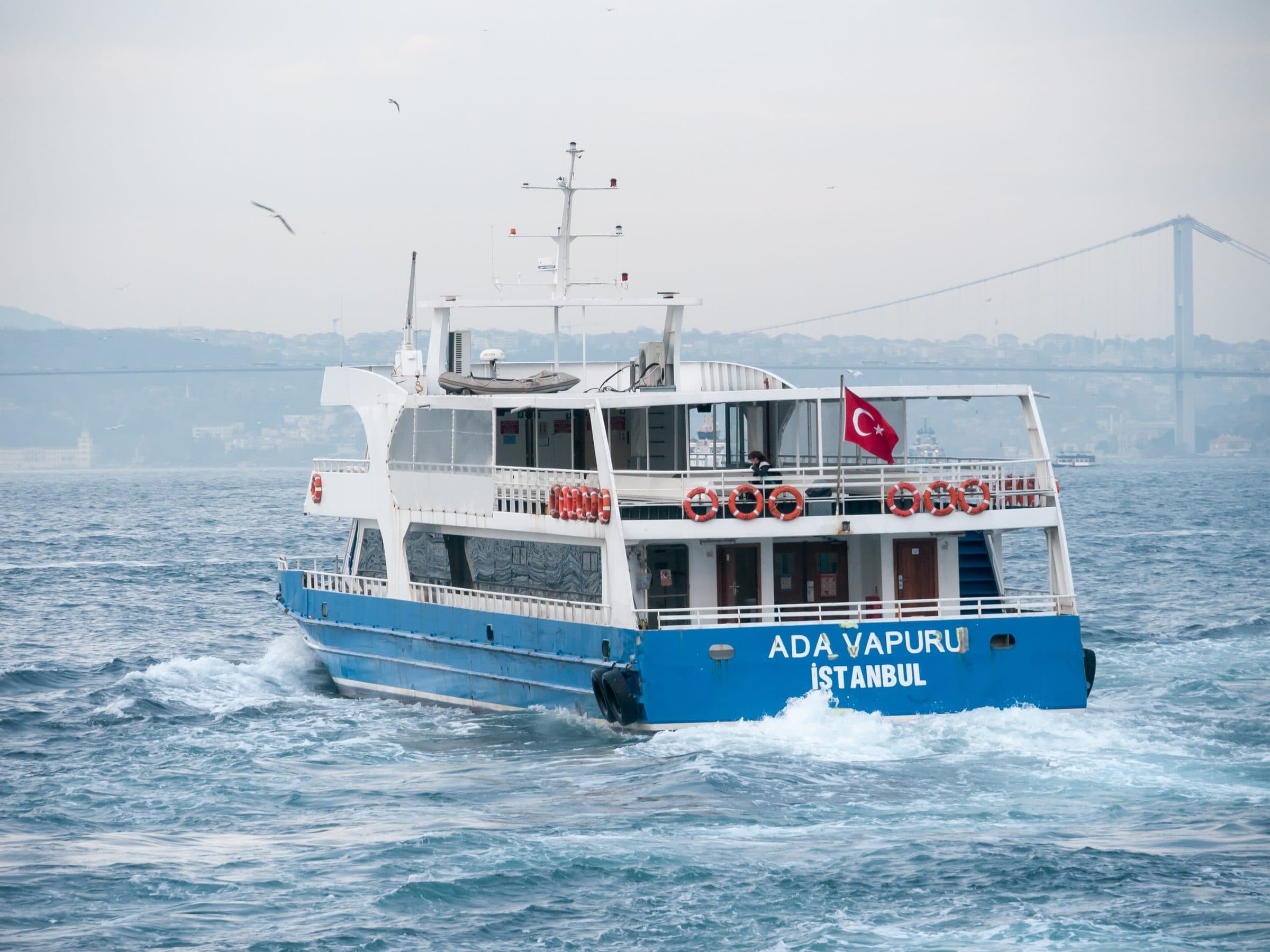Istanbul ferry on the Bosphorus with the bridge behind