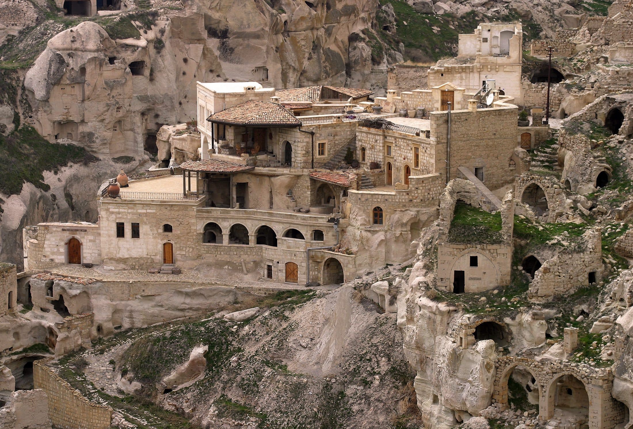 Cave dwellings carved into the rock in Cappadocia